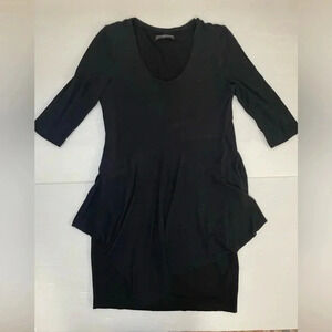Peruvian Connection Black Wool Blend Dress With Asymmetrical Overlay Size M